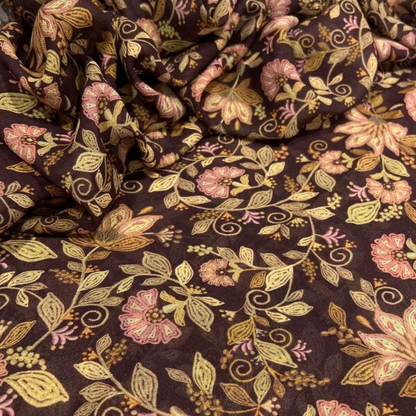 GEORGETTE DE VISCOSE - FLORAL MARROM